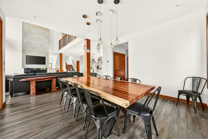 Live-edge dining table with seating for 12