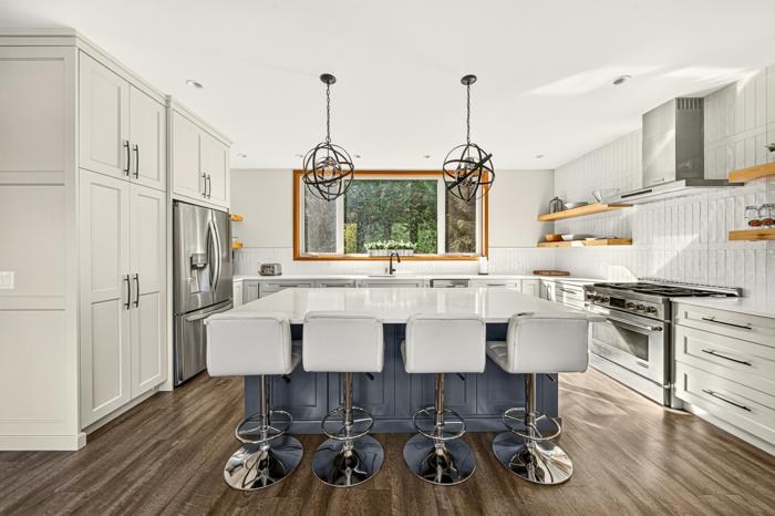 White kitchen with large island seating four